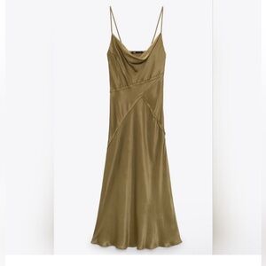 ZARA Dark Khaki SATIN Camisole Slip Dress Size L..